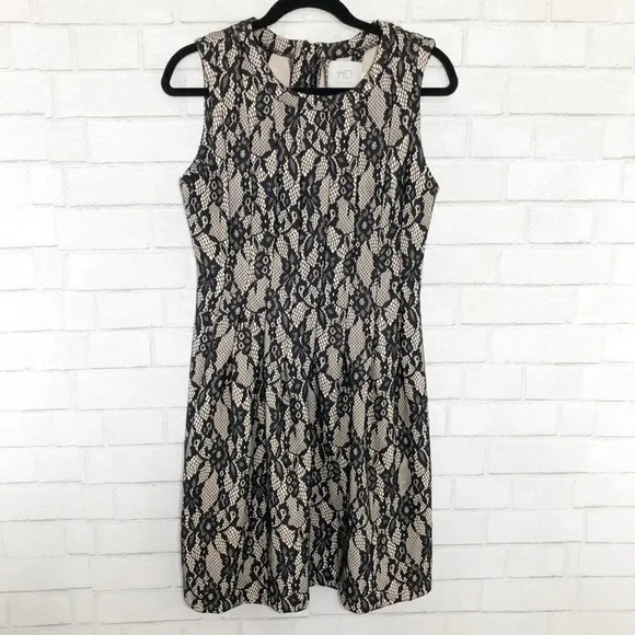 HD in Paris - Anthro Black & Cream Lace Fit & Flare Dress Women's Size Medium - Picture 1 of 7